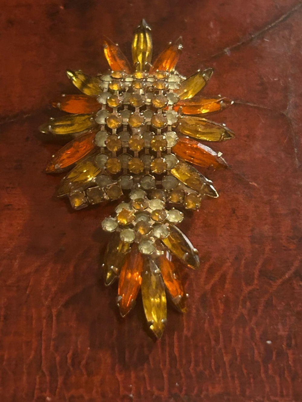 Vintage Amber Orange Gold Tone Sunflower Articulated Rhinestone brooch